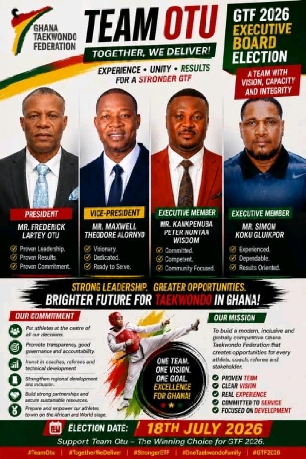 Ghana Taekwondo Federation elects news national executives Saturday with Frederick Lartey Otu set to retain presidency