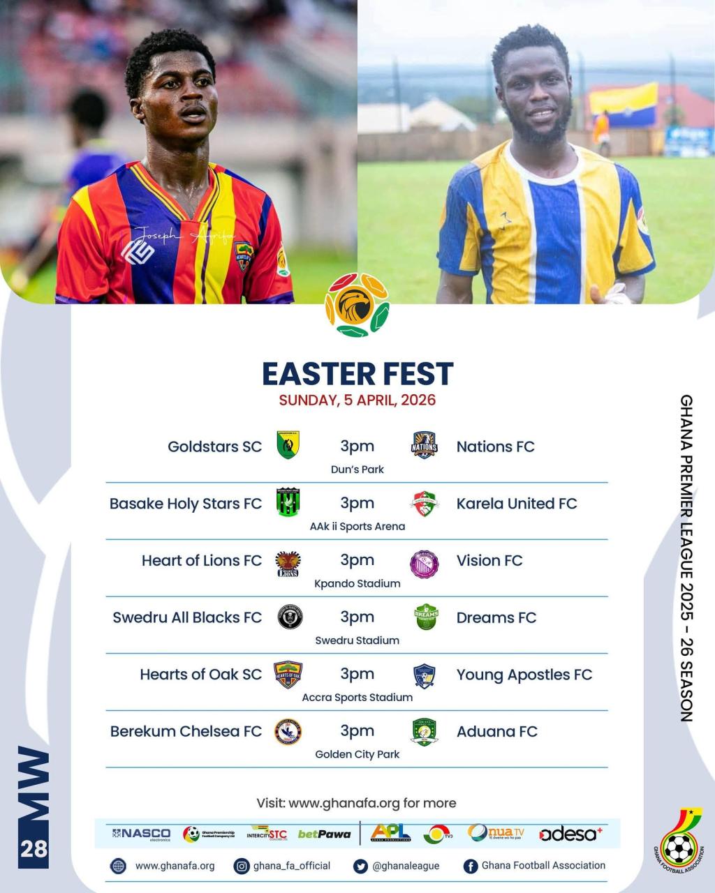 Accra Hearts of Oak host Young Apostles, Gold Stars play Nations FC as six matches are played in the GPL on Easter Sunday