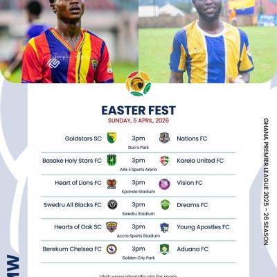 Accra Hearts of Oak host Young Apostles, Gold Stars play Nations FC as six matches are played in the GPL on Easter Sunday
