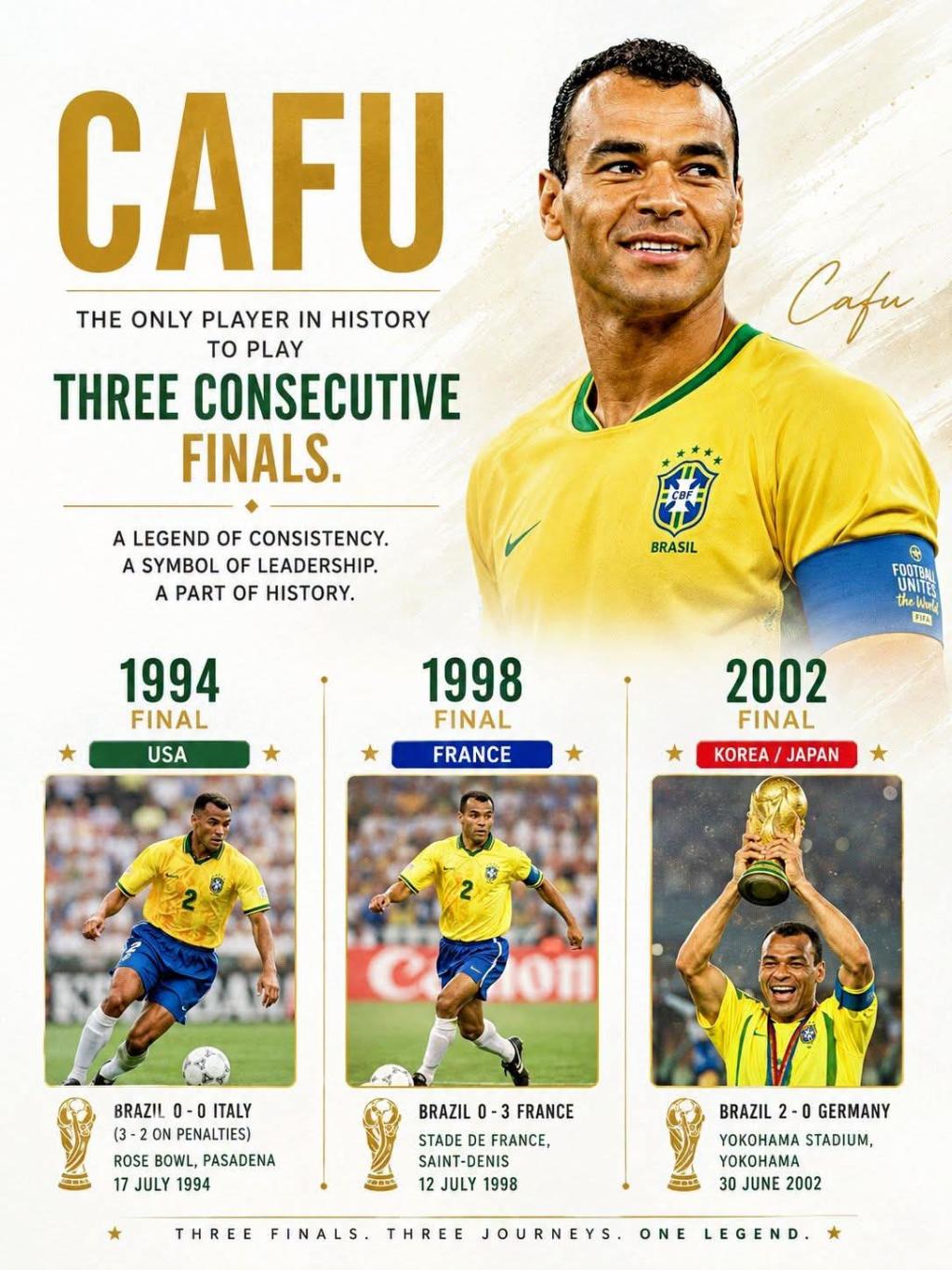 Brazilian icon Cafu remains the only footballer to play in three consecutive FIFA World Cup finals
