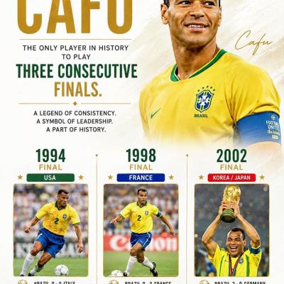 Brazilian icon Cafu remains the only footballer to play in three consecutive FIFA World Cup finals
