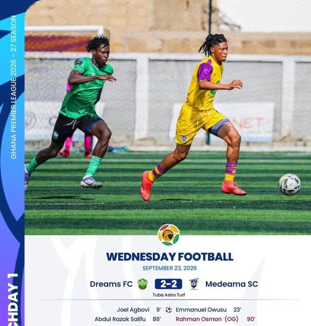 GPL champions Medeama SC draw 2-2 with Dreams FC in outstanding fixture played on Wednesday