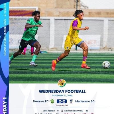 GPL champions Medeama SC draw 2-2 with Dreams FC in outstanding fixture played on Wednesday