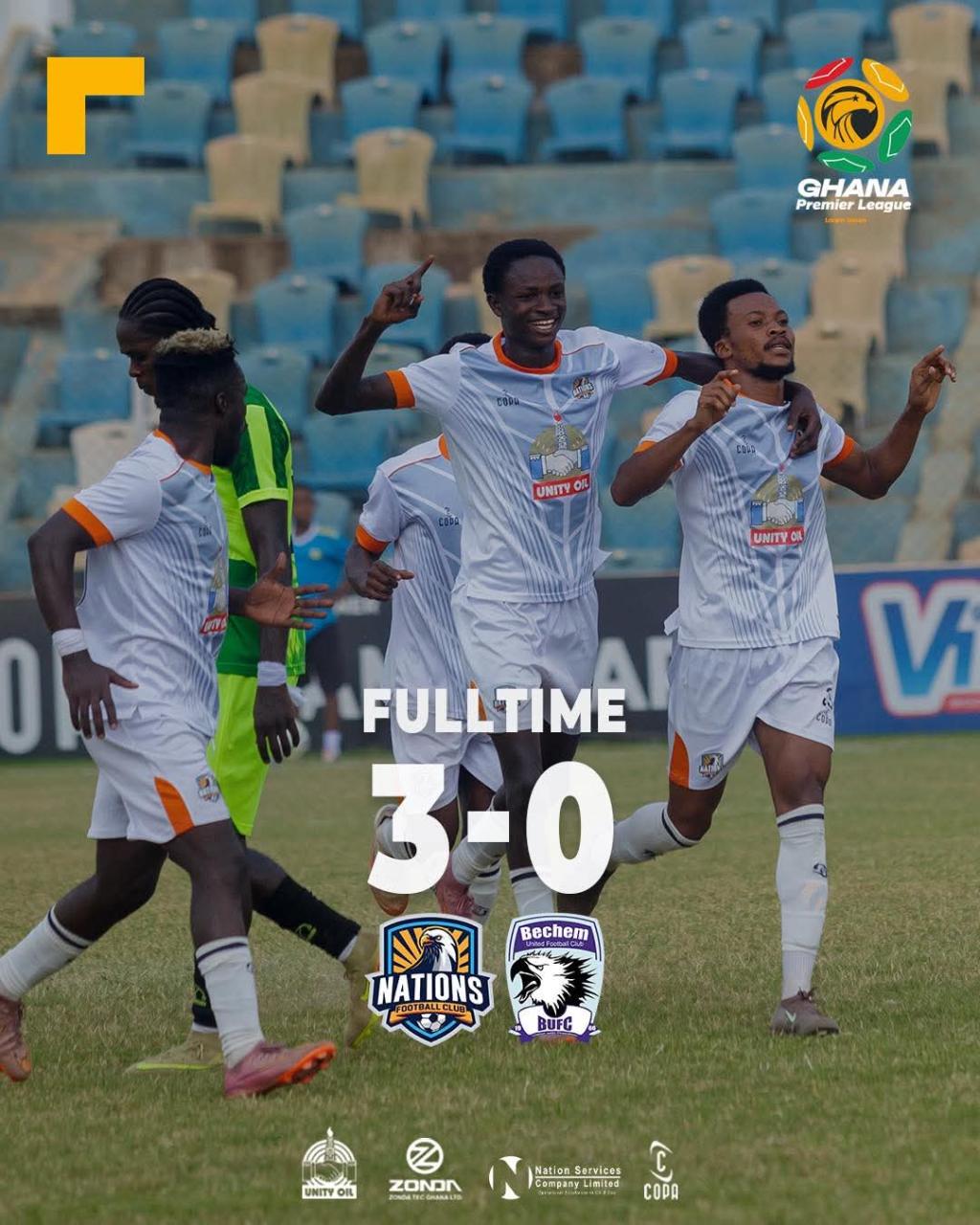 Nations FC beat Bechem United 3-0 to move eighth on GPL table