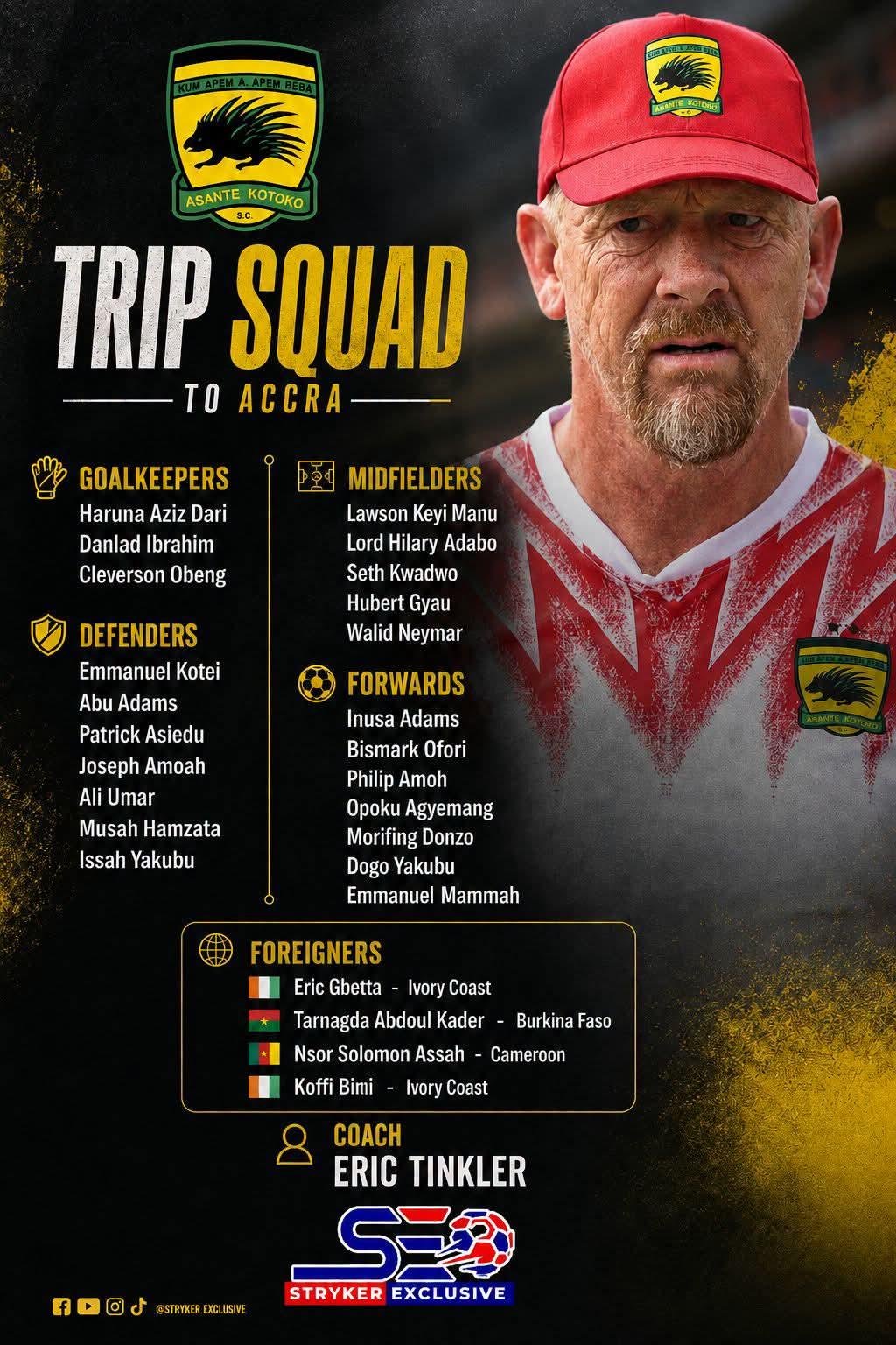 Asante Kotoko head coach Eric Tinkler names 26-man squad for pre-season tour of Accra