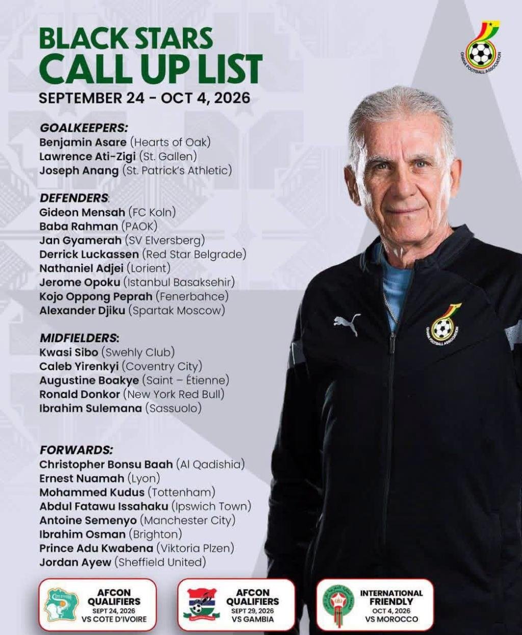 Ghana coach Carlos Queiroz names Black Stars squad for 2027 AFCON qualifiers and Morocco friendly