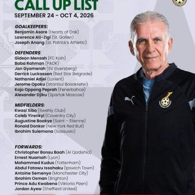 Ghana coach Carlos Queiroz names Black Stars squad for 2027 AFCON qualifiers and Morocco friendly